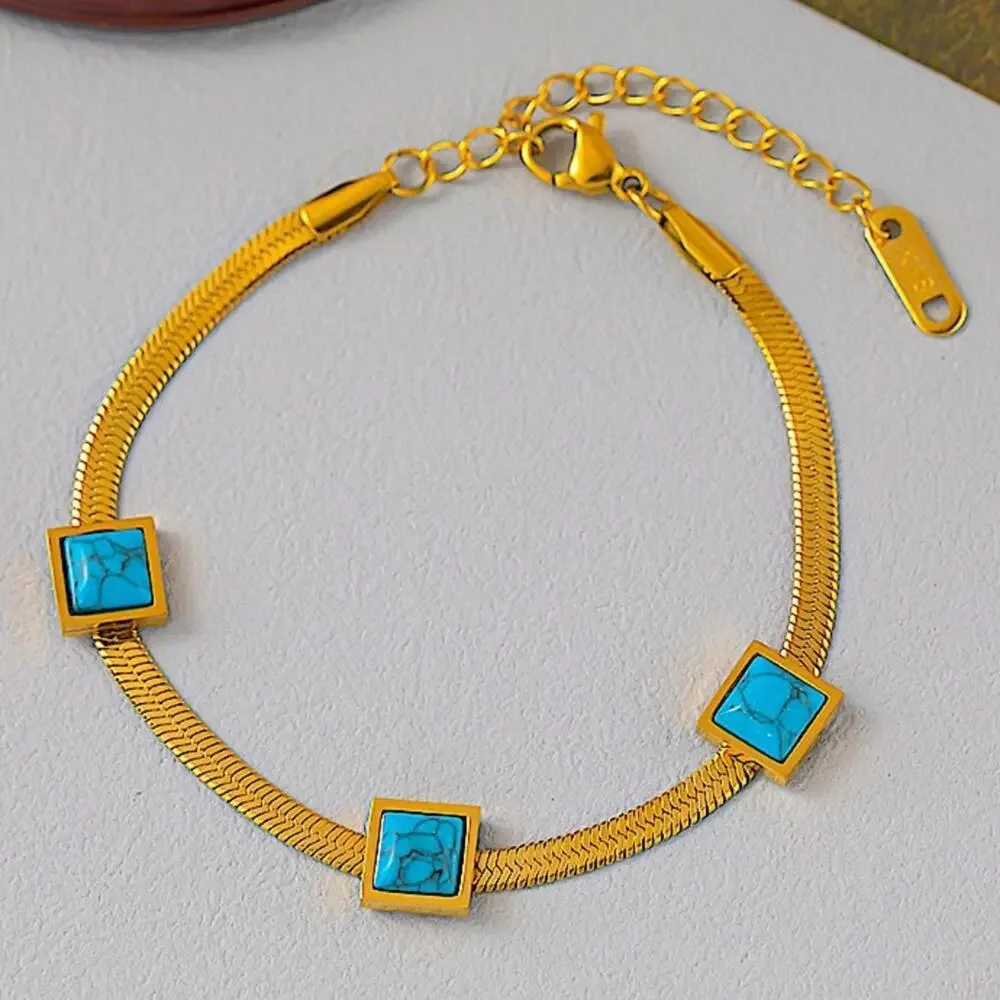 Gold Turquoise Pendant Matching Bracelet Set Herringbone 18K Gold Plated